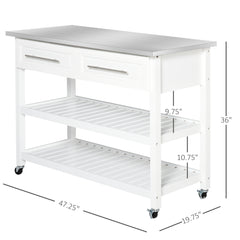 Kitchen Island with Stainless Steel Top, Traditional Kitchen Island with Storage, Butcher Block Cart 2-Tier Open Shelves, Drawers, White