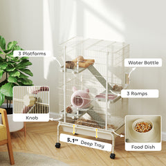 47" Small Animal Cage, 4 Levels Large Rolling Metal Ferret Cage w/ 5.9" Deep Tray, Ramps, Water Bottle, Food Dish, Beige