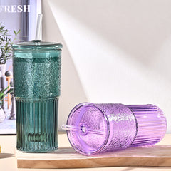 20 Oz 2-pack Glass Straw Cup With Vertical Pattern Cup And Lid, High Borosilicate Heat-resistant Glass Cup For Juice, Milk And Cold Drinks