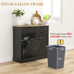 10 Gallon Farmhouse Kitchen Cabinet with Hidden Trash Can and 2 Drawers, Tilt Out Trash Can Cabinet for Kitchen, Black