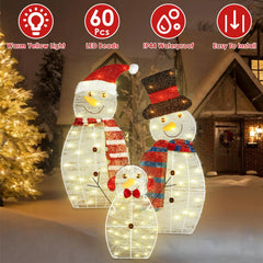 3Pcs 2D Christmas Snowman Yard Decoration Snowman Family Outdoor Decoration With 60Pcs LED Warm Yellow Lights IP44 Waterproof For Christmas Indoor Outdoor Holiday Display