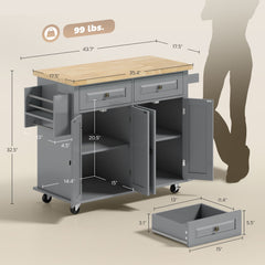 Kitchen Island Cart with Rubber Wood Top, Rolling Kitchen Island Table on Wheels with Drawers, Adjustable Shelves, Spice Rack and Towel Rack for Dining Room, Gray