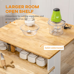 Kitchen Island with 2-Level Rubber Wood Tabletop, Island Table with Adjustable Shelves and Drawers, White