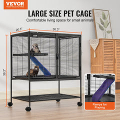 36' Metal Small Animal Cage 2-Tier Rolling Ferret Cage With Tray A Ramp