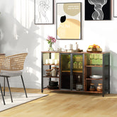 LED Wine Cabinet with Charging Station Glass Holders, Open Shelves, Rustic Brown