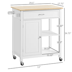 Kitchen Island Cart, Rolling Kitchen Island with Storage Shelf, Solid Wood Top, Drawer, for Dining Room, White