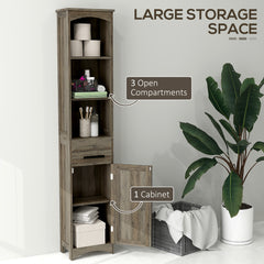 Farmhouse Tall Slim Bathroom Storage Cabinet with Recessed Drawer, Narrow Cabinet with Barn Door, Weathered Gray Oak