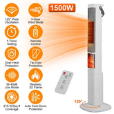 1500W Oscillating Ceramic Tower Space Heater With 3D Flame Portable Electric Heater With 3 Wind Modes Remote Control 5 Timer Overheat Tip-Over Protection For Bedroom Office
