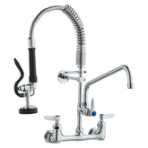 Commercial Faucet With Pre-Rinse Sprayer, 21' Height, 8' Center, 12' Swing Spout, Wall Mount Kitchen Sink Faucet, Brass Constructed Device With Pull Down Spray, For 1/2/3 Compartment Sink