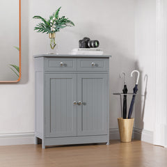 Freestanding Bathroom Floor Cabinet, Wooden Bathroom Cabinet with 2 Doors, 2 Drawers and Adjustable Shelf, Gray