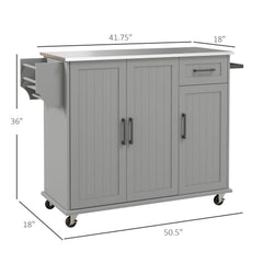 Kitchen Island with Wheels, Kitchen Island on Wheels with Drawer, 3 Cabinets, Stainless Steel Countertop, Gray
