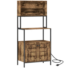 Baker's Rack with Power Outlet and Storage Shelves, Microwave Stand with Louvred Door Cabinets, Rustic Brown