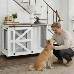47.2 Mobile Dog Crate With Flip-Top Feeding Door, Dual-Access & 5 Caster System 2 Locking, Side Hooks - Multi-Functional Pet Kennel,double Dog Crate Furniture