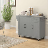 Kitchen Island with Wheels, Kitchen Island on Wheels with Drawer, 3 Cabinets, Stainless Steel Countertop, Gray