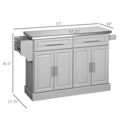Rolling Kitchen Island Cart with Wheels, Portable Island Table for Kitchen with Stainless Steel Top, Adjustable Shelves, 2 Drawers, Spice, Knife and Towel Rack, Gray