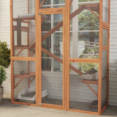 Outdoor Catio Cat Enclosure, Large Wooden Cat House with 6 Jumping Platforms, Scratching Post, 2 Ramps, for 2-3 Kittens