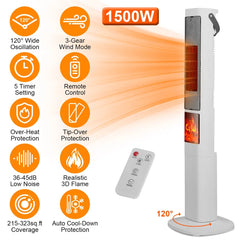 1500W Oscillating Ceramic Tower Space Heater With 3D Flame Portable Electric Heater With 3 Wind Modes Remote Control 5 Timer Overheat Tip-Over Protection For Bedroom Office