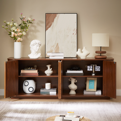 Sideboard Storage Cabinet TV Stand With Wave Pattern Buffet Cabinet Wooden Vertical Striped Cabinet For Kitchen Bedroom Entryway. Walnut, 64W X 15D X 24H.