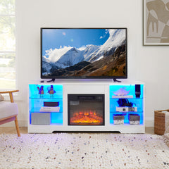 TV Stand Electric Fireplace Glass Shelves, 3D Fireplace TV Stand With LED Lights Wood With USB Charging Outlet Modern Television Table Center For TV Up To 62 White, 58Wx15.5Dx24.4