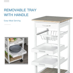 Mobile Kitchen Cart, Rolling Kitchen Island with Storage, Solid Wood Frame Utility Cart with Wire Fruit Baskets, Trays and Drawer, White