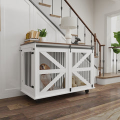 47.2 Mobile Dog Crate With Flip-Top Feeding Door, Dual-Access & 5 Caster System 2 Locking, Side Hooks - Multi-Functional Pet Kennel,double Dog Crate Furniture