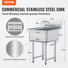 Stainless Steel Prep & Utility Sink, 1 Compartment Free Standing Small Sink Include Faucet & Legs, 27'x41' Commercial Single Bowl Sinks For Garage, Restaurant, Kitchen, Laundry