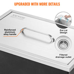 Drop In Ice Chest, 20'L X 14'W X 12'H Stainless Steel Ice Cooler, Commercial Ice Bin With Cover, 40 Qt Outdoor Kitchen Ice Bar, Drain-pipe And Drain Plug Included, For Cold Wine Beer