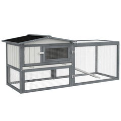 Large Rabbit Cage Outdoor 61"L Guinea Pig Hutch w/ Run Feeding Trough Removable Tray Ramp Asphalt Roof, White