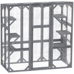 Large Wooden Catio Outdoor with 6 Jumping Platforms, Weatherproof Roof, for 1-3 Cats, 59" x 28" x 60", Gray