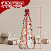 6 FT Fully Decorated Pre-lit Christmas Tree, Up Artificial Xmas Tree With 100 Warm Lights And Red Ornaments For Home Office Store Holiday Deco, White