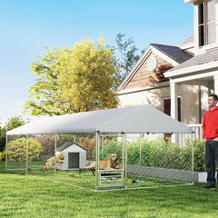 Outdoor Dog Kennel with Adjustable & Rotatable Bowl Rack, Waterproof Cover, Secure Lock, 19.7' x 7.5' x 5.2'
