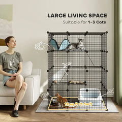DIY 4 Tier Cat Cage Indoor With Hammock, Ramps, Jumping Platforms, Doors, Cat Enclosure For 1-3 Cats, 3 X 3 X 4, Black