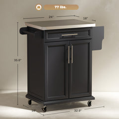 Kitchen Island on Wheels, Rolling Kitchen Cart with Stainless Steel Countertop, Drawer, Towel Rack and Spice Rack, Utility Storage Trolley, Black