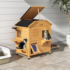 2-story Cat House Outdoor, Weatherproof Wooden Cat Enclosure for Feral Cats with Escape Door, Openable Roof, Jumping Platforms, Natural