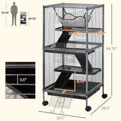 Metal Small Animal Cage Rolling Big Ferret Cage, Chinchilla Cage, Sugar Glider Cage, with Hammock & 4 Tiers, Removable Tray, Gray