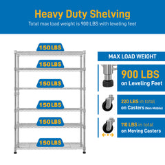 6-Tier Modular Shelving Unit With 1 Row Of Side Hooks Features Adjustable Feet And Casters Iron Construction Freely Adjustable Shelf Spacing Home Shelving Unit 117x45x208cm Silver Paint Finish