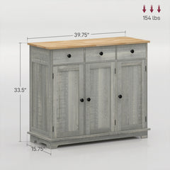 Kitchen Storage Cabinet, Sideboard Floor Cupboard with Solid Wood Top, Adjustable Shelf, and 3 Drawers, Light Gray