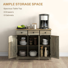 Kitchen Storage Cabinet, Sideboard Floor Cupboard with Solid Wood Top, Adjustable Shelf, and 3 Drawers, Distressed Gray