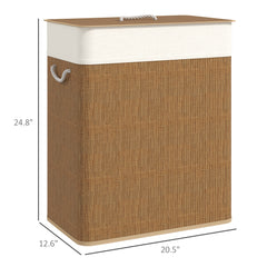 Double Laundry Basket With Lid, 26.4 Gallon Bamboo Laundry Hamper With Rope Handles And Removable Liner, Brown