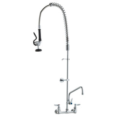 Commercial Faucet With Pre-Rinse Sprayer, 47' Height, 8' Center, 12' Swing Spout, Wall Mount Kitchen Sink Faucet, Brass Constructed Device With Pull Down Spray, For 1/2/3 Compartment Sink