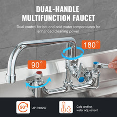 Commercial Faucet With Pre-Rinse Sprayer, 47' Height, 8' Center, 12' Swing Spout, Wall Mount Kitchen Sink Faucet, Brass Constructed Device With Pull Down Spray, For 1/2/3 Compartment Sink