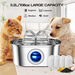3.2L Cowhorn Model Pet Water Dispenser - Stainless Steel Automatic Water Fountain With 4 Replaceable Filters
