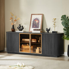 64-Inch Wavy TV Cabinet, Round Sideboard, Wooden Vertical Stripe Storage Cabinet, Aluminum Door Framed Tempered Glass Cabinet For Living Room Bedroom Entryway. Black,64W X 15D X 24H.