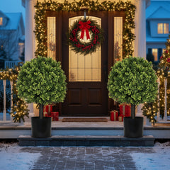 2PCS Set 22in Artificial Trees Natural Topiary Balls Outdoor Decor Pre-Lit Faux Plants For Porch Patio Balcony Year-Round Holiday Home Decor Vibrant Greenery