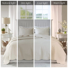 3 Piece Reversible Scalloped Edge Quilt Set Cream King Cal King