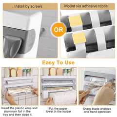 1Pc Kitchen Roll Dispenser Paper Roll Holder Plastic Wrap Film Foil Paper Organizer With Cutter Wall Mounted For Kitchen Bathroom