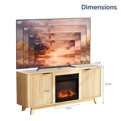 Oak Finish Fireplace TV Stand With 18 Inch Insert & Double Grid Doors, Embossed Particle Board Media Console 58 X 13.6 X 25.4 Inch