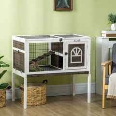 PawHut Wood Rabbit Hutch, Elevated Guinea Pig Cage With Run, Coffee
