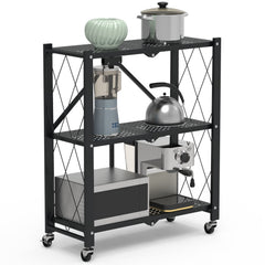1Pc 3Tier Foldable Storage Shelf With Lockable Wheels No Assembly Rolling Utility Shelf Heavy Duty Collapsible Organizer Rack For Kitchen Living Room Basement Pantry Bedroom