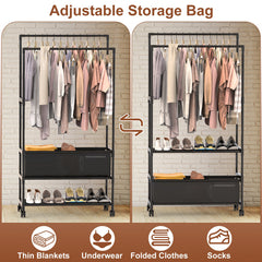 3 Tiered Portable Clothing Rack For Bedroom Entryway Double Hanging Rods Sturdy Iron Garment Rack With Double Height Rods Adjustable Storage Bag Lockable Universal Wheels Easy Assembly